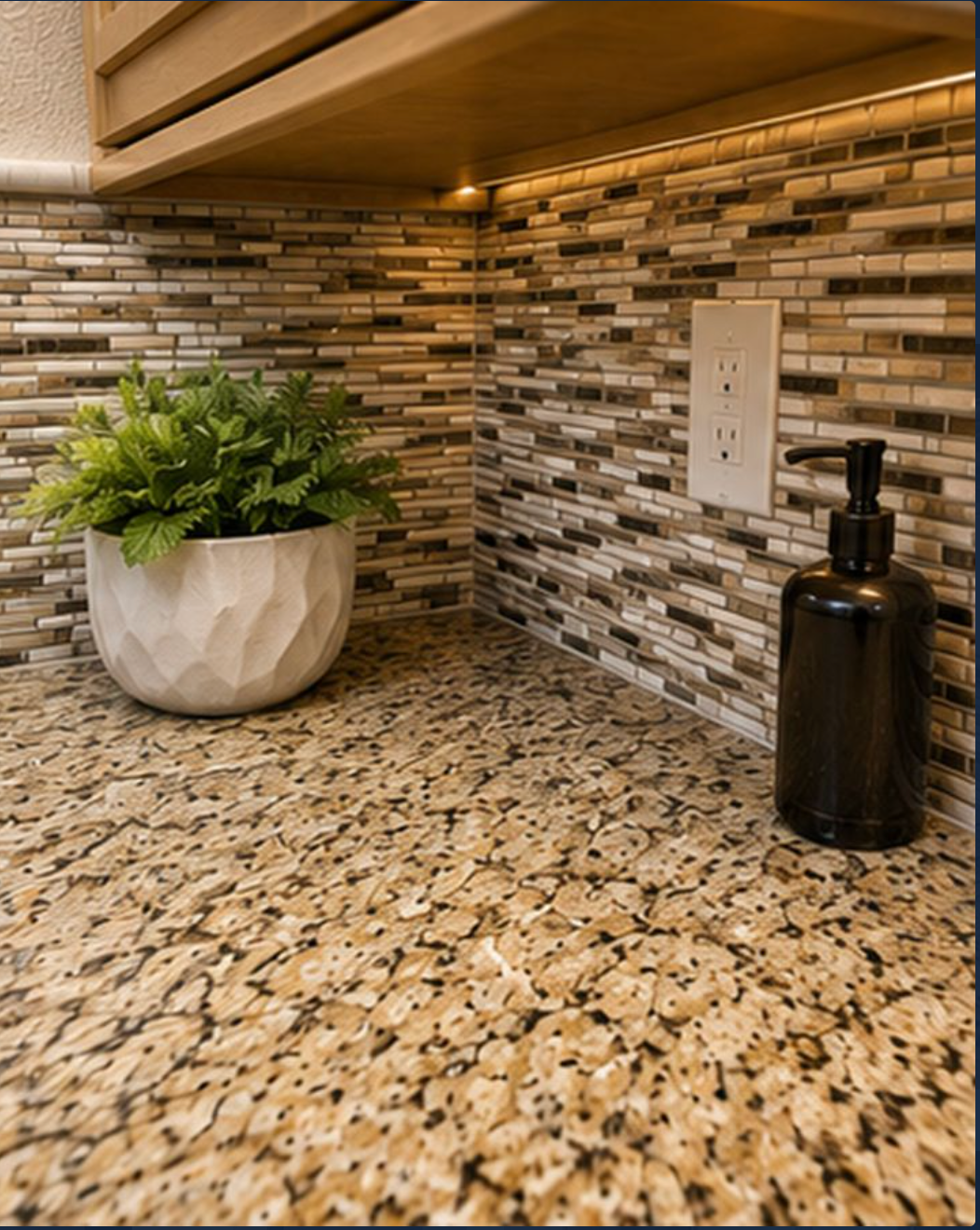 Custom glass mosaic kitchen backsplash installed by JAC Tiling LLC