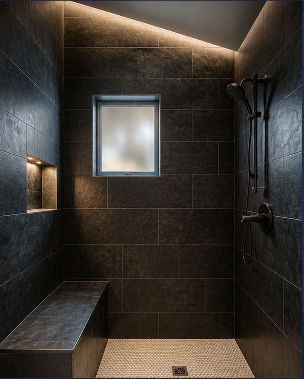 Black porcelain walk-in shower tile installation by JAC Tiling LLC