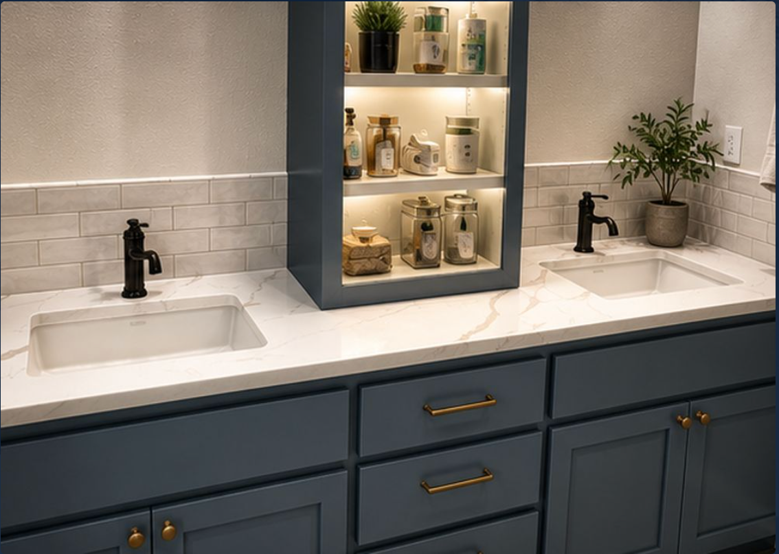 Double vanity subway tile backsplash installed by JAC Tiling LLC
