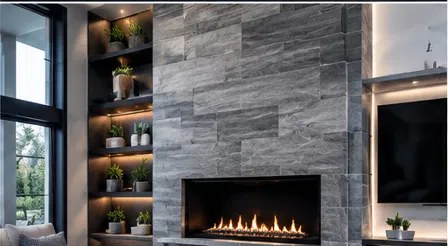 Floor-to-ceiling fireplace tile installation by JAC Tiling LLC